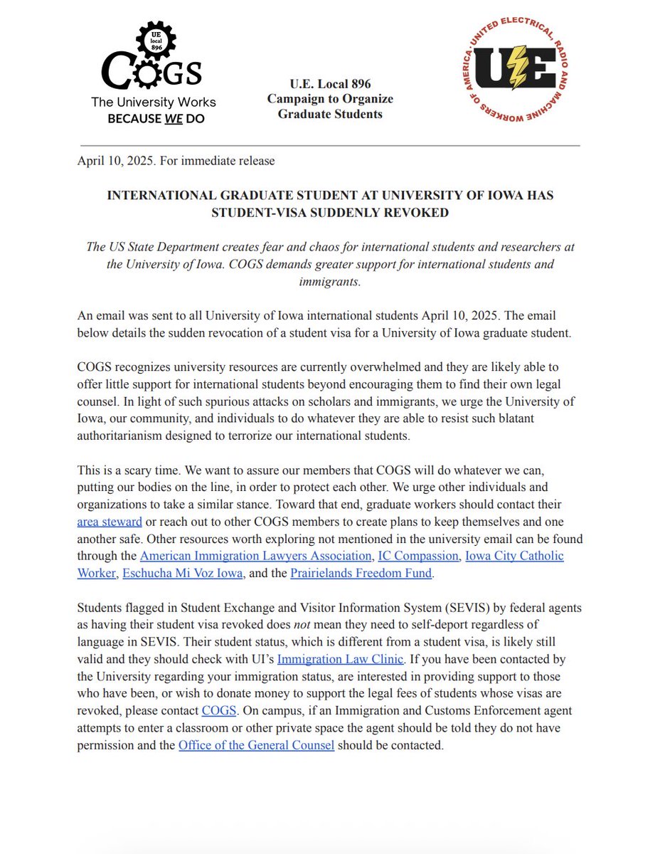 cogsunion's tweet photo. BREAKING: 
UI graduate student has visa revoked. 
COGS stands with international scholars and students.
🧵 https://t.co/NgqdXDBmaH