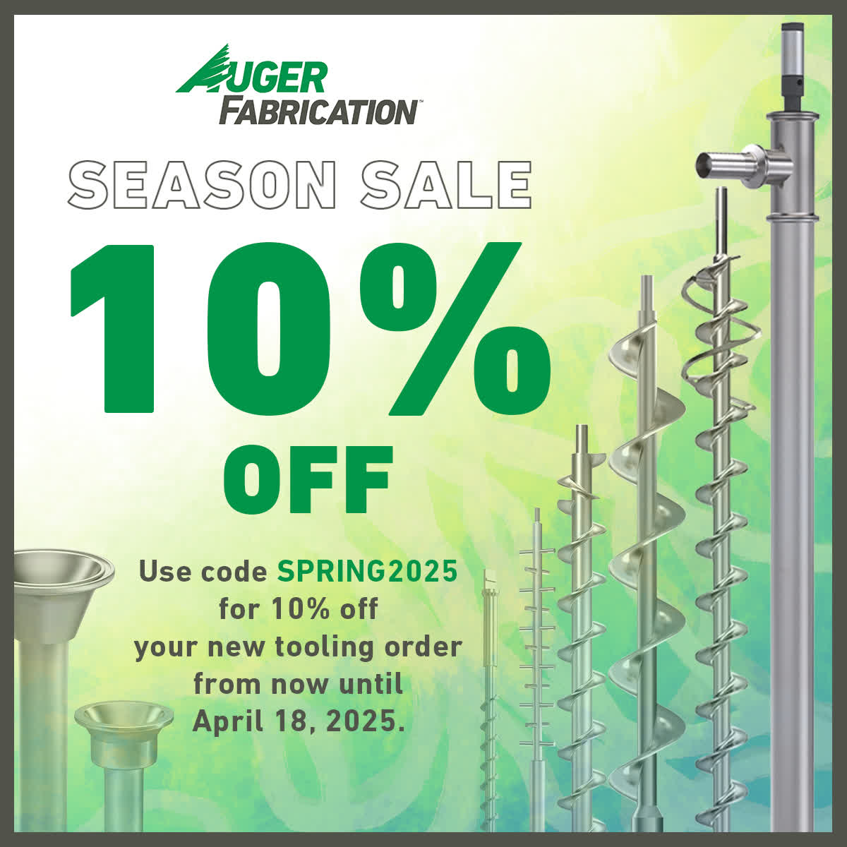 AugerFab's tweet photo. Take advantage of this seasonal deal! Use code SPRING2025 to get 10% off your next tooling order and refresh your tools today. 
📞610.524.3350 | 🌐 https://t.co/8x3DcZCrcZ https://t.co/hIhLfsrNOr
