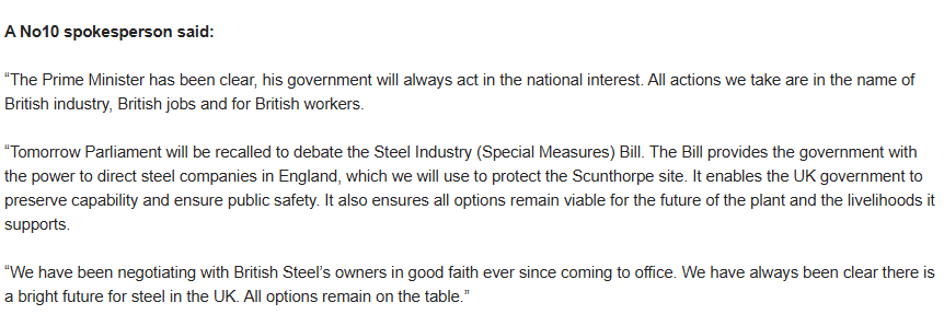 jrmaidment's tweet image. Emergency legislation being voted on tomorrow will allow the Government to take control of British Steel and keep it running.
But Downing Street leaving a question mark over the long term future of British Steel, insisting "all options remain on the table".
