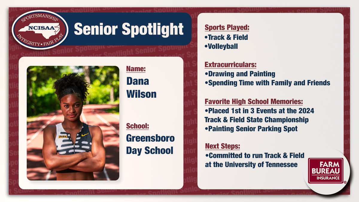 NCISAA1's tweet photo. 🌟Senior Spotlight presented by Farm Bureau Alert 🌟 Dana Wilson has shown what it means to be an NCISAA student athlete with her excellence on and off the track🏃‍♀️. Congratulations on all your achievements so far! Submit Senior Spotlight nominations here https://t.co/xDiFUmywuq https://t.co/P1ruaO8SLL