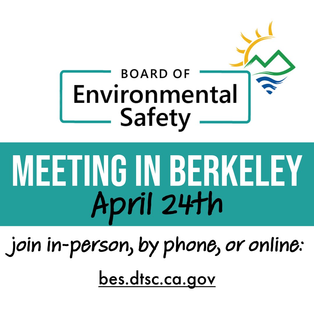 CaliforniaDTSC's tweet image. 📅 SAVE THE DATE 📅

Join us at the next Board of Environmental Safety meeting on Thursday, April 24th @ 2pm in #BerkeleyCA:

📍 DTSC Berkeley Regional Office Auditorium 📍
700 Heinz Avenue, Suite 200, Berkeley, CA 94710

RSVP here: bes.dtsc.ca.gov/rsvp-bes-meeti…