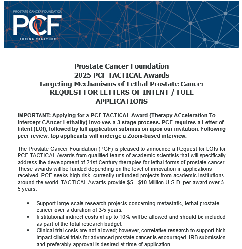 PCF Science (@pcf_science) on Twitter photo ANNOUNCEMENT: RFA for 2025 <a href="/PCFnews/">Prostate Cancer Foundation</a> TACTICAL Award Letters Of Intent, for multi-institutional research projects to target lethal #ProstateCancer, in 6 specified topic areas.
LOI DEADLINE: May 19, 2025
View RFA: res.cloudinary.com/pcf/images/v17ā¦
View LOI form: res.cloudinary.com/pcf/images/v17⦠ANNOUNCEMENT: RFA for 2025 <a href="/PCFnews/">Prostate Cancer Foundation</a> TACTICAL Award Letters Of Intent, for multi-institutional research projects to target lethal #ProstateCancer, in 6 specified topic areas.
LOI DEADLINE: May 19, 2025
View RFA: res.cloudinary.com/pcf/images/v17ā¦
View LOI form: res.cloudinary.com/pcf/images/v17ā¦