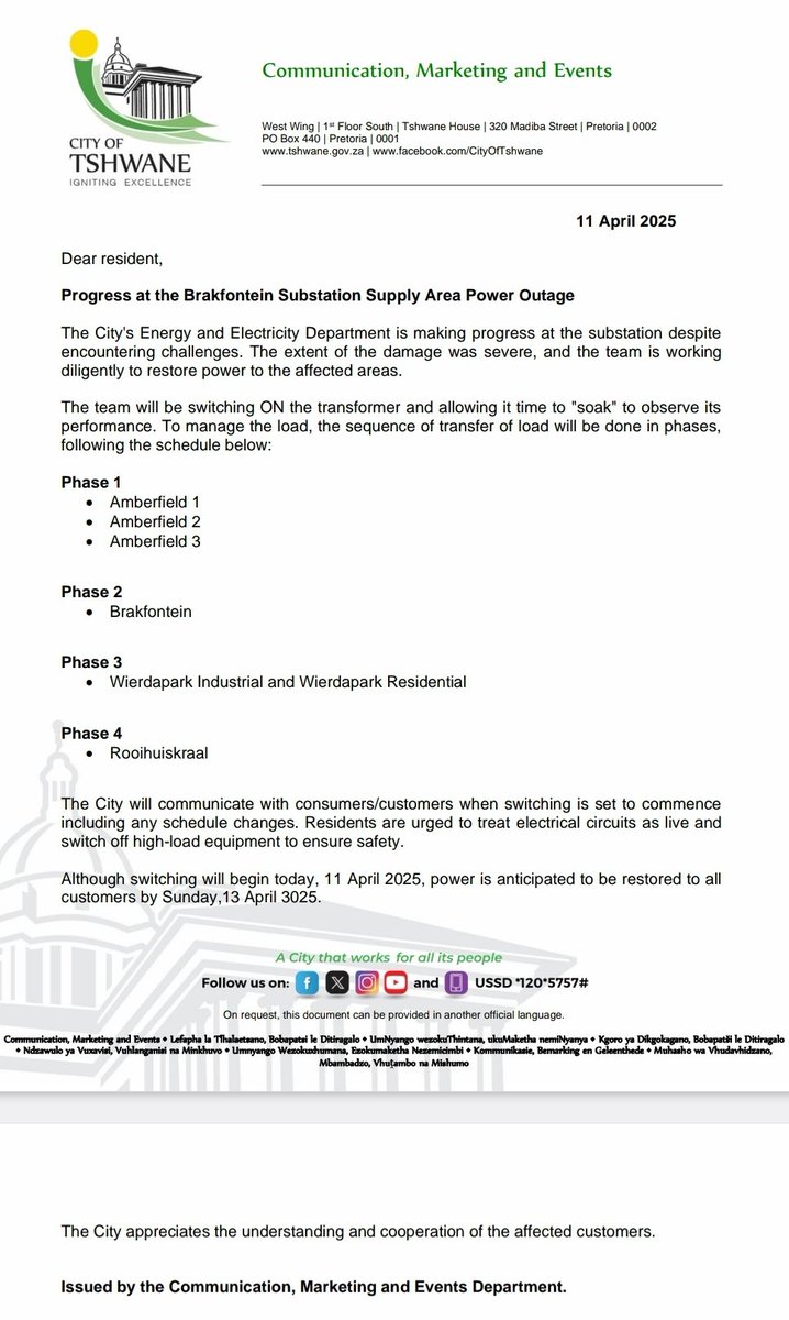 CityTshwane's tweet photo. Progress at the Brakfontein Substation supply area #PowerOutage https://t.co/odxdffeYMk
