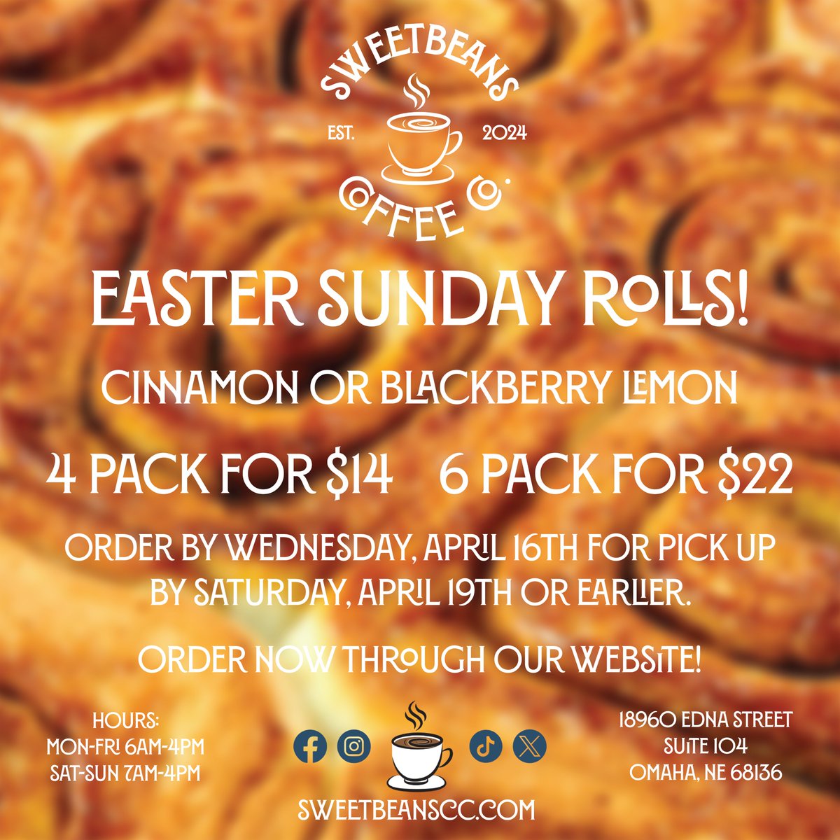 SBCoffeeCo's tweet photo. 🐰HOP TO IT, PASTRY LOVERS!🐰

Snag a 4-pack for $14 or roll with a 6-pack for $22 - either way, you’re in for a sweet treat that’ll have you rolling with delight!

https://t.co/MXyTzXkWFj

#SweetBeansCoffeeCompany #CinnamonRolls #LocalBakery #BakedFresh https://t.co/iTgIn6b1jX