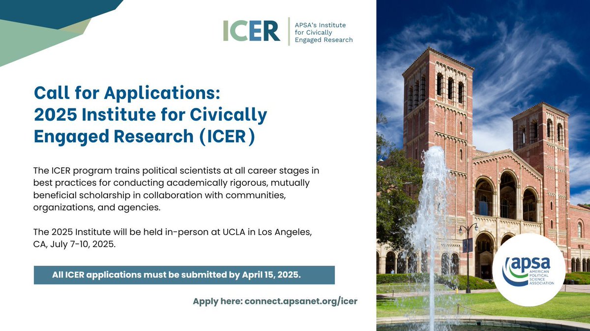 APSAtweets's tweet photo. Applications are due Tuesday! Join the 2025 Institute for Civically Engaged Research! #ICER trains political scientists at all career stages in best practices for conducting scholarship in collaboration with communities, organizations, and agencies.
https://t.co/j7WGBohOmt https://t.co/rPzCMl4uAO