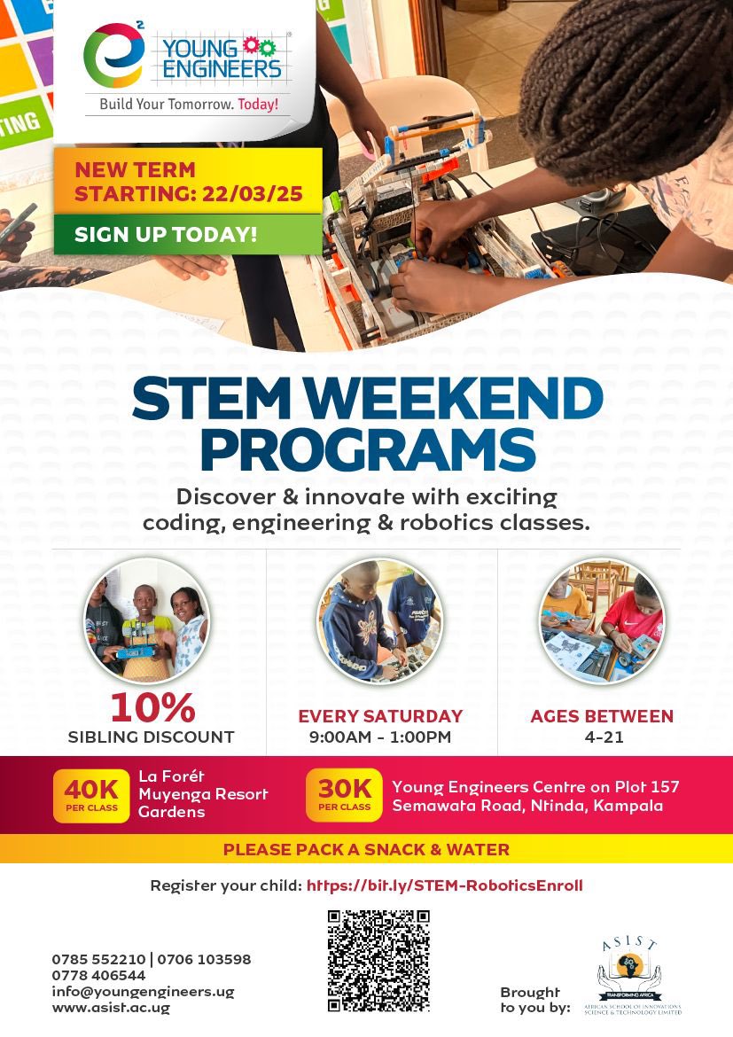 Young Engineers Uganda (@youngengneersug) on Twitter photo Calling all students, parents, and schools!
Enroll your child in the exciting STEM Weekend Program with us <a href="/YoungEngneersUG/">Young Engineers Uganda</a> . This program offers hands-on learning experiences, innovative projects, and mentorship opportunities to develop essential skills in Science, Technology, Calling all students, parents, and schools!
Enroll your child in the exciting STEM Weekend Program with us <a href="/YoungEngneersUG/">Young Engineers Uganda</a> . This program offers hands-on learning experiences, innovative projects, and mentorship opportunities to develop essential skills in Science, Technology,