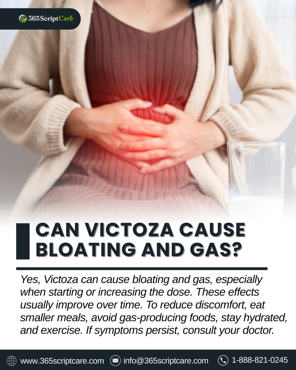 365ScriptCare's tweet image. 💊 Can #Victoza Cause Bloating and Gas? 💨

Yes! Bloating and gas are common side effects of Victoza, especially when starting or adjusting your dose. To ease discomfort:
✅ Eat smaller meals
✅ Avoid gas-producing foods
✅ Stay hydrated
✅ Move your body