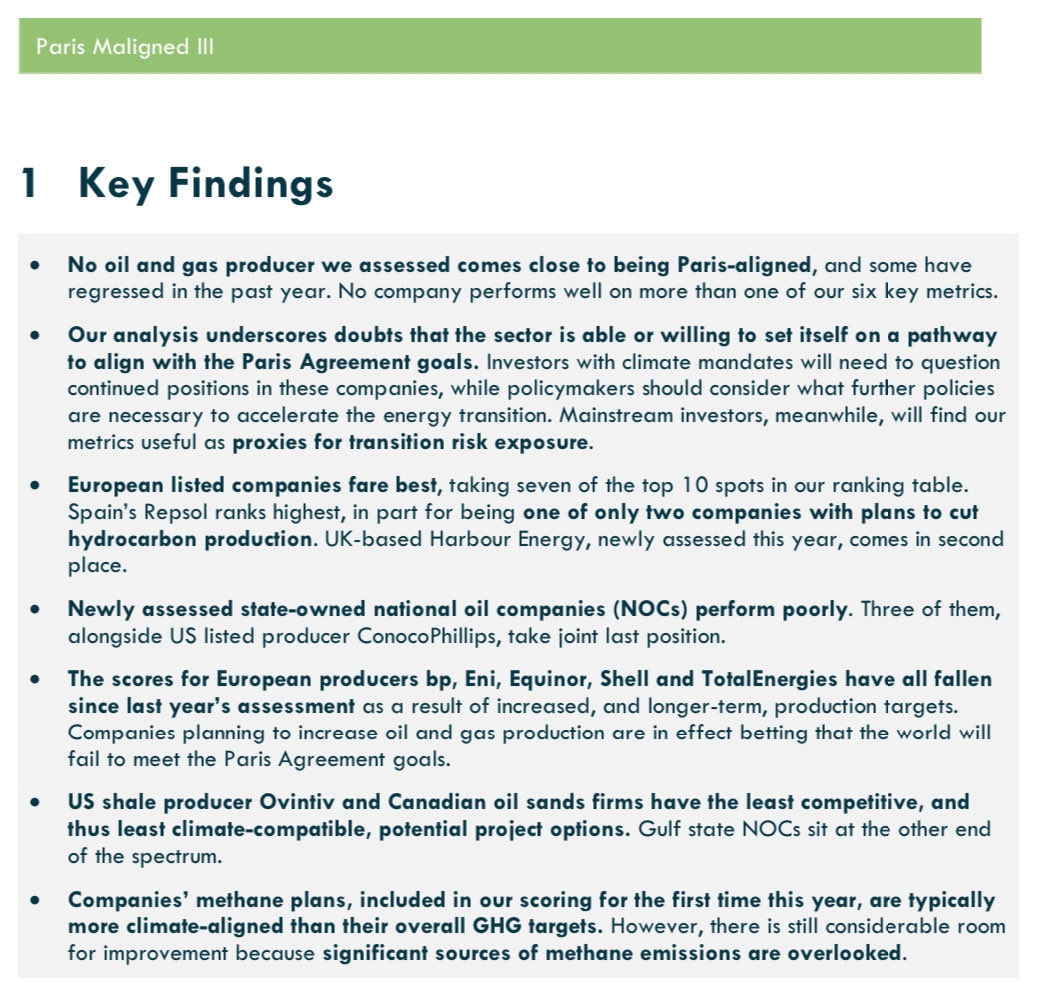 LawyersAreResponsible (@lawyersareresp) on Twitter photo 2/ <a href="/CarbonBubble/">Carbon Tracker</a> assessed 30 of the world’s largest upstream oil & gas companies against 6 critical metrics.
The verdict:
- No company is Paris-aligned
- Many are backsliding
- Some are locking in long-term fossil growth 2/ <a href="/CarbonBubble/">Carbon Tracker</a> assessed 30 of the world’s largest upstream oil & gas companies against 6 critical metrics.
The verdict:
- No company is Paris-aligned
- Many are backsliding
- Some are locking in long-term fossil growth