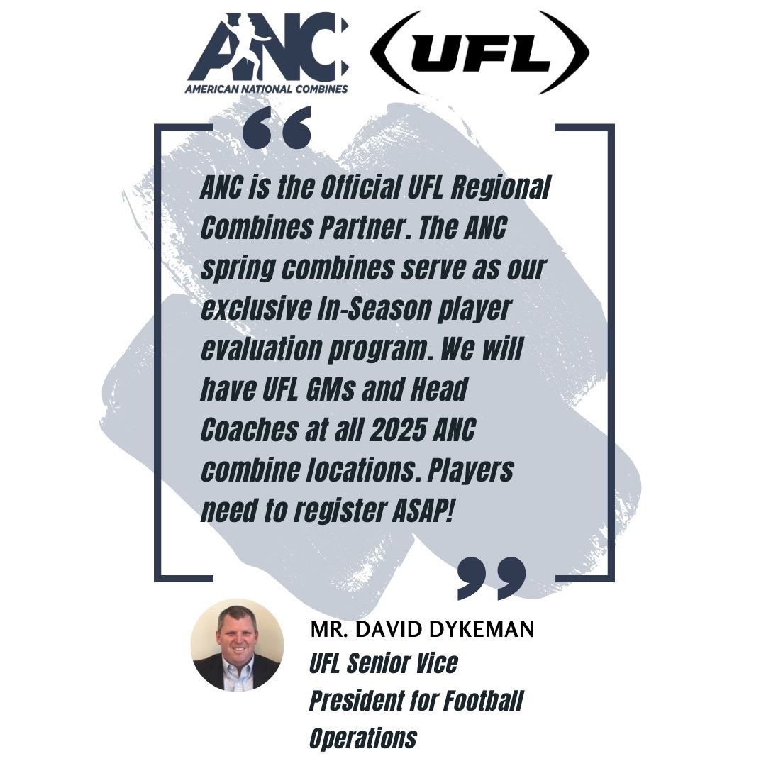 Breaking: Senior VP for Football Operations, David Dykeman has confirmed that ANC will have UFL Personnel at all 2025 ANC Combine Locations. 

Registration is LIVE, link in bio.

DALLAS - 5/24
WASHINGTON DC - 5/31
ATLANTA - 6/7
LOS ANGELES - 6/14
