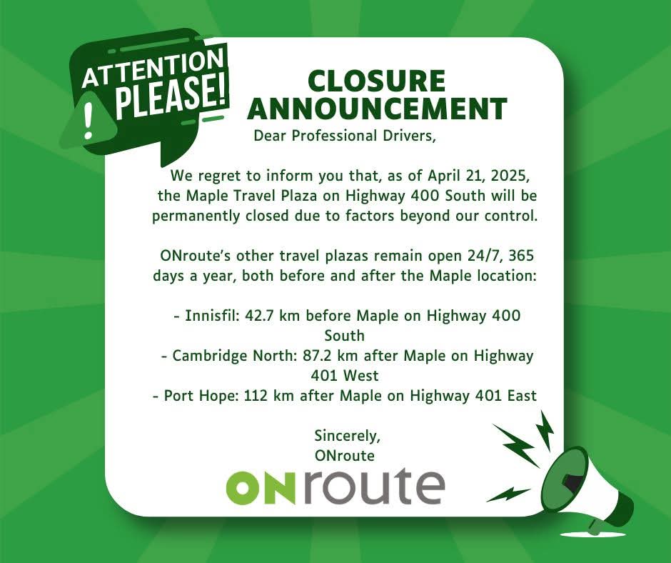 WTFC7's tweet photo. Heads up Drivers!!  Please share this information about this upcoming closure. Thank you

#professionaldrivers #onroute #Ontario https://t.co/G2uhSk28EN