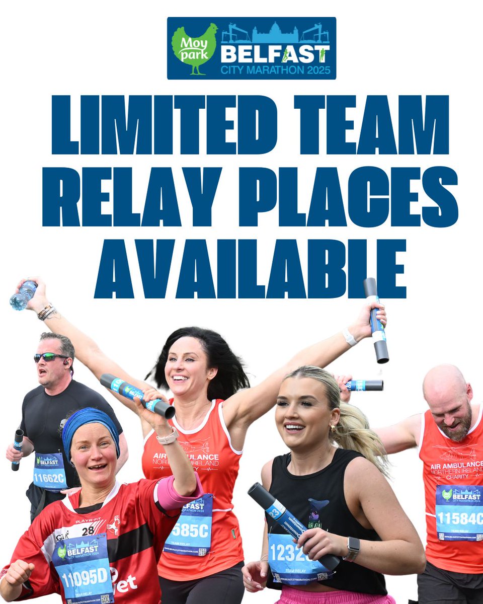 🔔Team Relay places have become available for the 43rd Moy Park Belfast City Marathon 🥳

These places are limited and expected to go FAST‼️Entries will be available on Monday morning ⏰

Get yours at belfastcitymarathon.com 💻