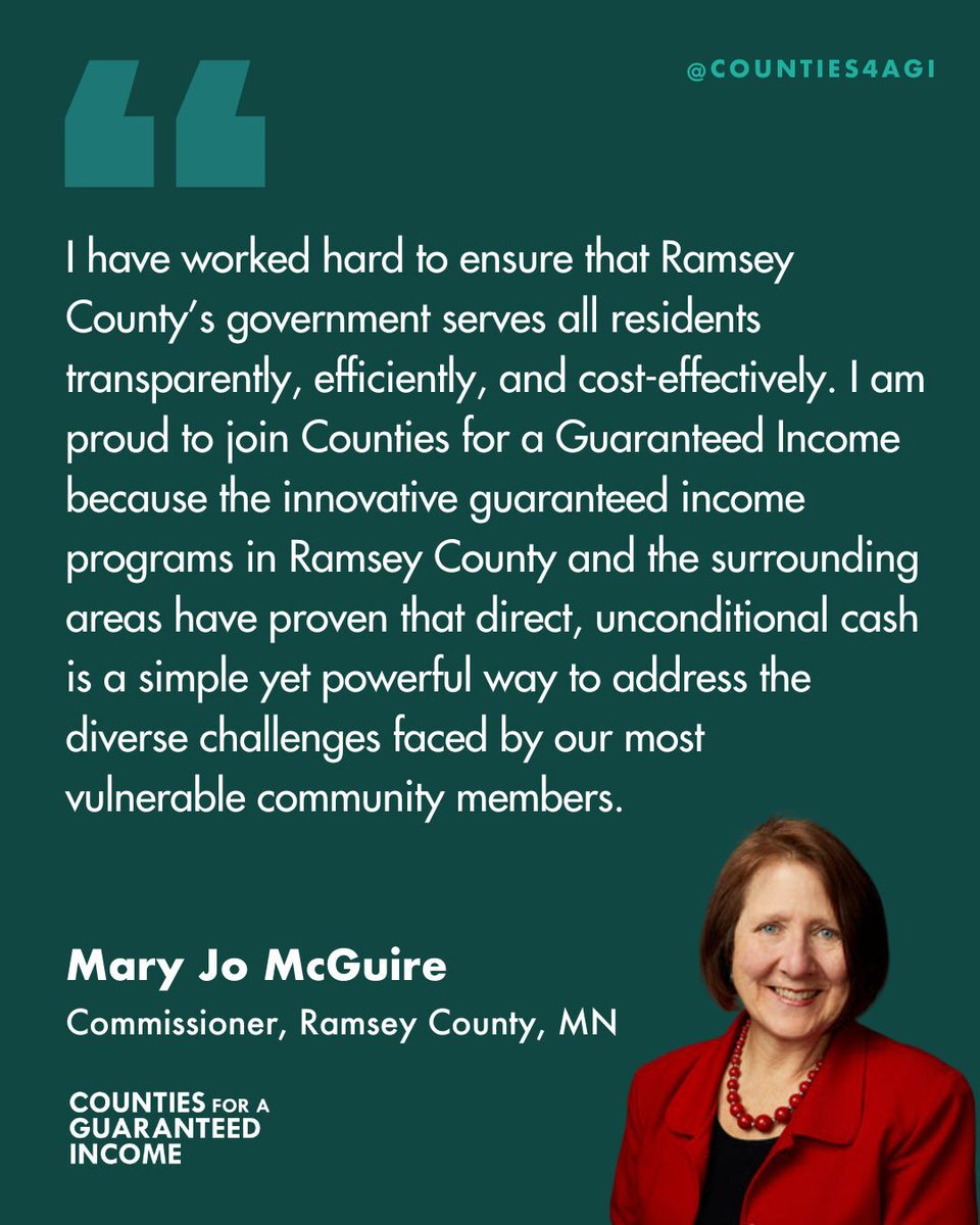 Ramsey County is home to the second mayor-led guaranteed income program in the nation: Saint Paul's People's Prosperity Pilot.

This week, we're excited to keep the guaranteed income momentum going in Ramsey County by welcoming Commissioner Mary Jo McGuire to CGI! 🎉