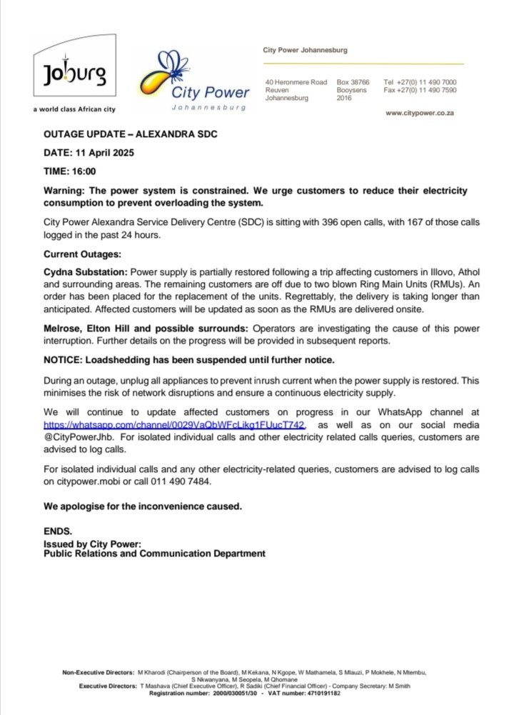 CityPowerJhb's tweet photo. #CityPowerUpdates #CityPowerOutages #AlexandraSDC

Alexandra Service Delivery Centre is sitting with 396 open calls. 

Follow us on our WhatsApp channel for prompt updates 
https://t.co/REP3E2dSGs
^NM https://t.co/0Xi3F53KCS