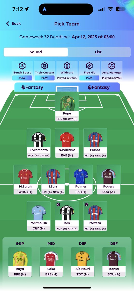 KodyCopacetic's tweet photo. @FPL_Harry Risk BB this week or play safe and TC this week? I have one FT https://t.co/IHXCLu72Wv