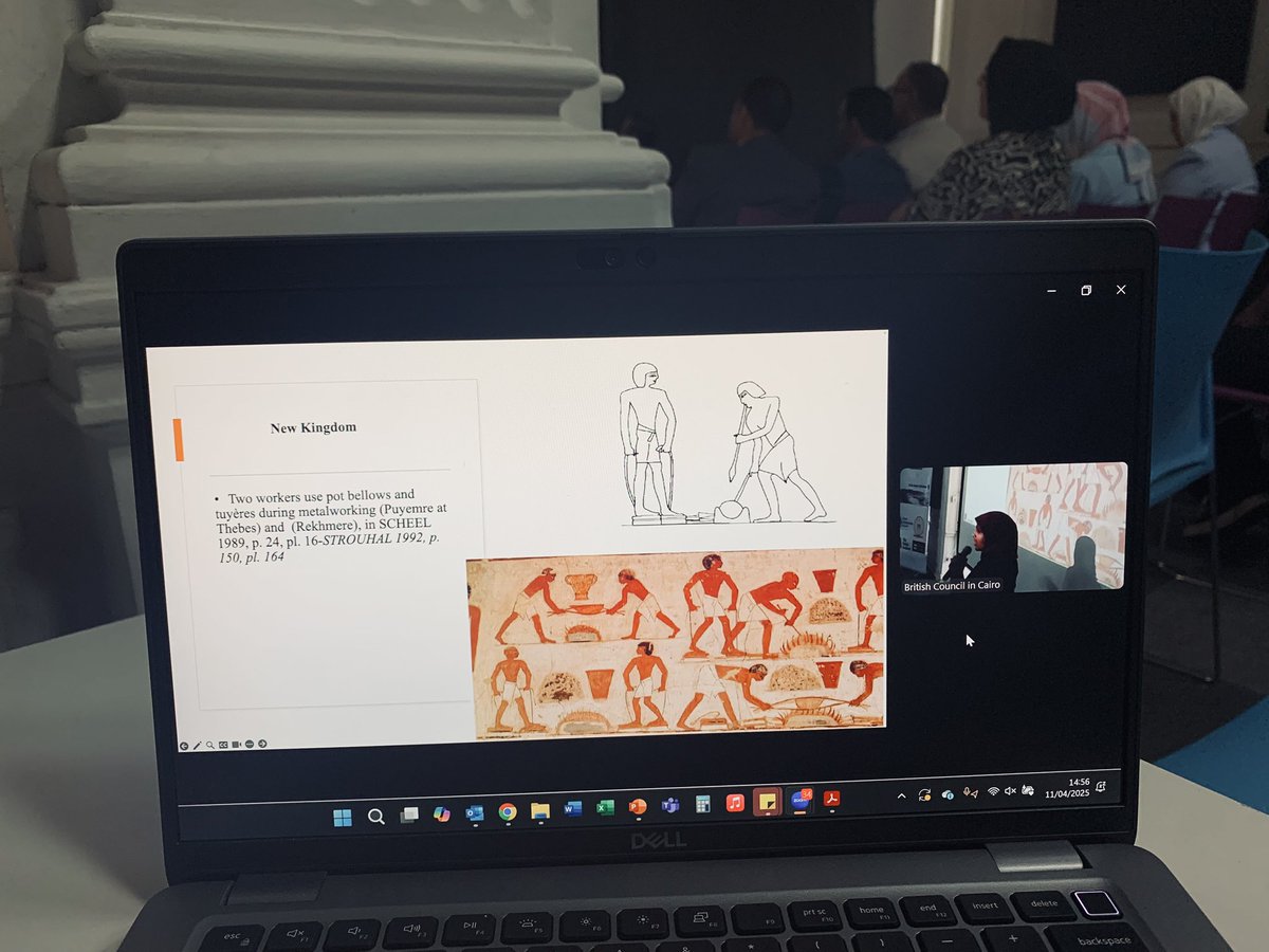 TheEES's tweet photo. Petrie excavated Tell Dafana for @TheEES in the 1880s.
Warda Elnager presents Petrie’s findings and more recent discoveries by their team of pot bellows for stoking fires, as well as other materials and tools, as evidence during metal production at the site. #DSC9 https://t.co/Kw2CCbOJSO