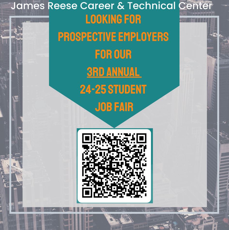 James Reese Career and Technical Center (@ctereesecenter) on Twitter photo The Reese Center is looking for Prospective Employers who would like to come out to the 3rd Annual Student Job Fair on May 15th. If interested in talking to our students about employment, please fill out this form shorturl.at/XYgx8. <a href="/lizg_canchola/">Elizabeth Canchola</a> <a href="/FBISD_CTE/">Fort Bend ISD CTE</a> <a href="/FortBendISD/">Fort Bend ISD</a> The Reese Center is looking for Prospective Employers who would like to come out to the 3rd Annual Student Job Fair on May 15th. If interested in talking to our students about employment, please fill out this form shorturl.at/XYgx8. <a href="/lizg_canchola/">Elizabeth Canchola</a> <a href="/FBISD_CTE/">Fort Bend ISD CTE</a> <a href="/FortBendISD/">Fort Bend ISD</a>