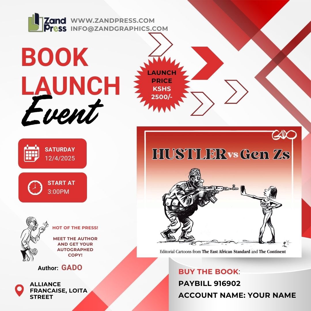 See you all tomorrow! 
Legendary cartoonist <a href="/iGaddo/">Gado Cartoons</a> is launching his new book “Hustler vs Gen Zs”:  a sharp and witty collection of editorial cartoons from The East African Standard and The Continent. 
Can’t make it? You can still get the book!
Details on the poster.