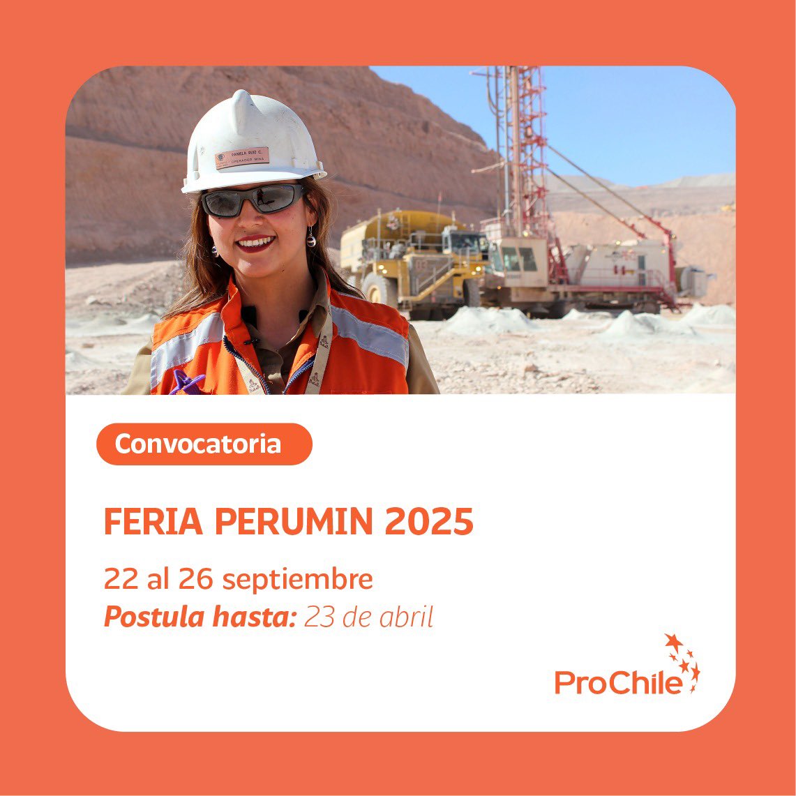 📢 CONVOCATORIA: ProChile invita a empresas chilenas con oferta exportable y/o potencial exportador a participar en la feria PERUMIN 2025, que se llevará a cabo en Arequipa, Perú, del 22 al 25 de septiembre de 2025.

¡No te quedes fuera! 
prochile.gob.cl