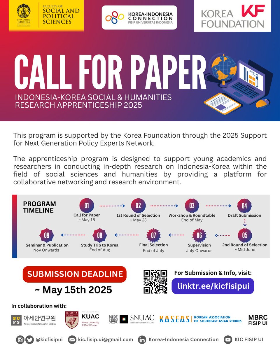 kicfisipui's tweet photo. 🌏✨ CALL FOR PAPER ALERT! ✨🌏
The Korea-Indonesia Connection FISIP UI invites you to be part of the Indonesia-Korea Social &amp; Humanities Research Apprenticeship 2025! 📝🤝🇰🇷🇮🇩
#CallForPaper #ResearchOpportunity #IndonesiaKorea #PolicyExperts #GraduateResearch #KoreaFoundation https://t.co/ObHQBvvFmW