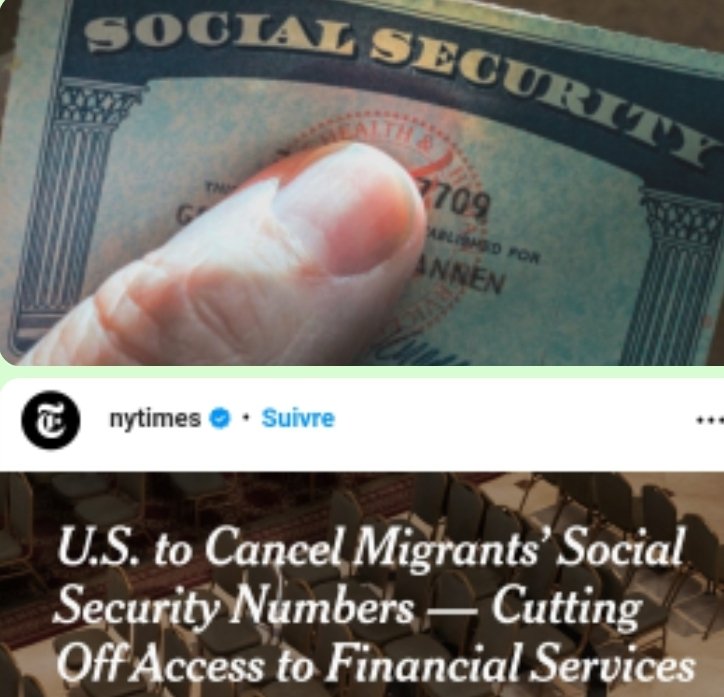 choumaytechfm82's tweet photo. The Trump administration is moving to cancel lawfully obtained Social Security numbers in an effort to pressure
( adm tchomp lan ap fè efò epi prè pou'l cancel social security moun ilegal yo pou fòse yo kite etazini.

New York times/choumaytechfm Reposted 11 Av revè 2025... https://t.co/w8fkC0FCxE