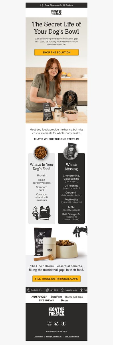 Most email campaigns flop because brands push features instead of exposing problems.

This dog supplement email is the perfect example of what you should do instead:

It instantly reveals the hidden issue: "Even quality dog food leaves nutritional gaps that could be holding your