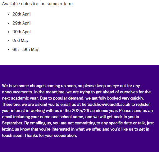 Cardiff HE Roadshow (@cdf_highered) on Twitter photo Easter email is out!
Email us at heroadshow@cardiff.ac.uk to register your interest for the 2025/26 academic year.
Happy holidays! Easter email is out!
Email us at heroadshow@cardiff.ac.uk to register your interest for the 2025/26 academic year.
Happy holidays!