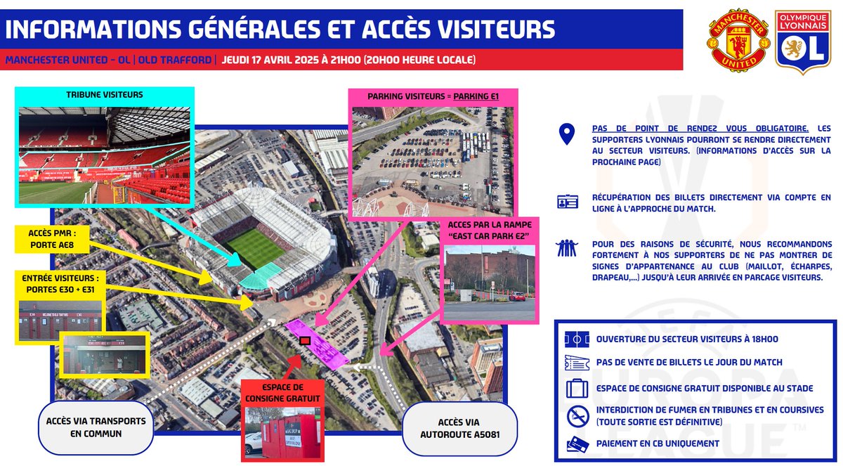 OL_service's tweet photo. 🇪🇺 Information déplacement - @ManUtd  /@OL - @EuropaLeague
 
🏟️OLD TRAFFORD
📅Jeudi 17 avril 2025 à 21h00 (20h00 heure locale)

Vous trouverez ci-dessous toutes les informations d'accès au stade de Old Trafford et la liste des objets interdits.