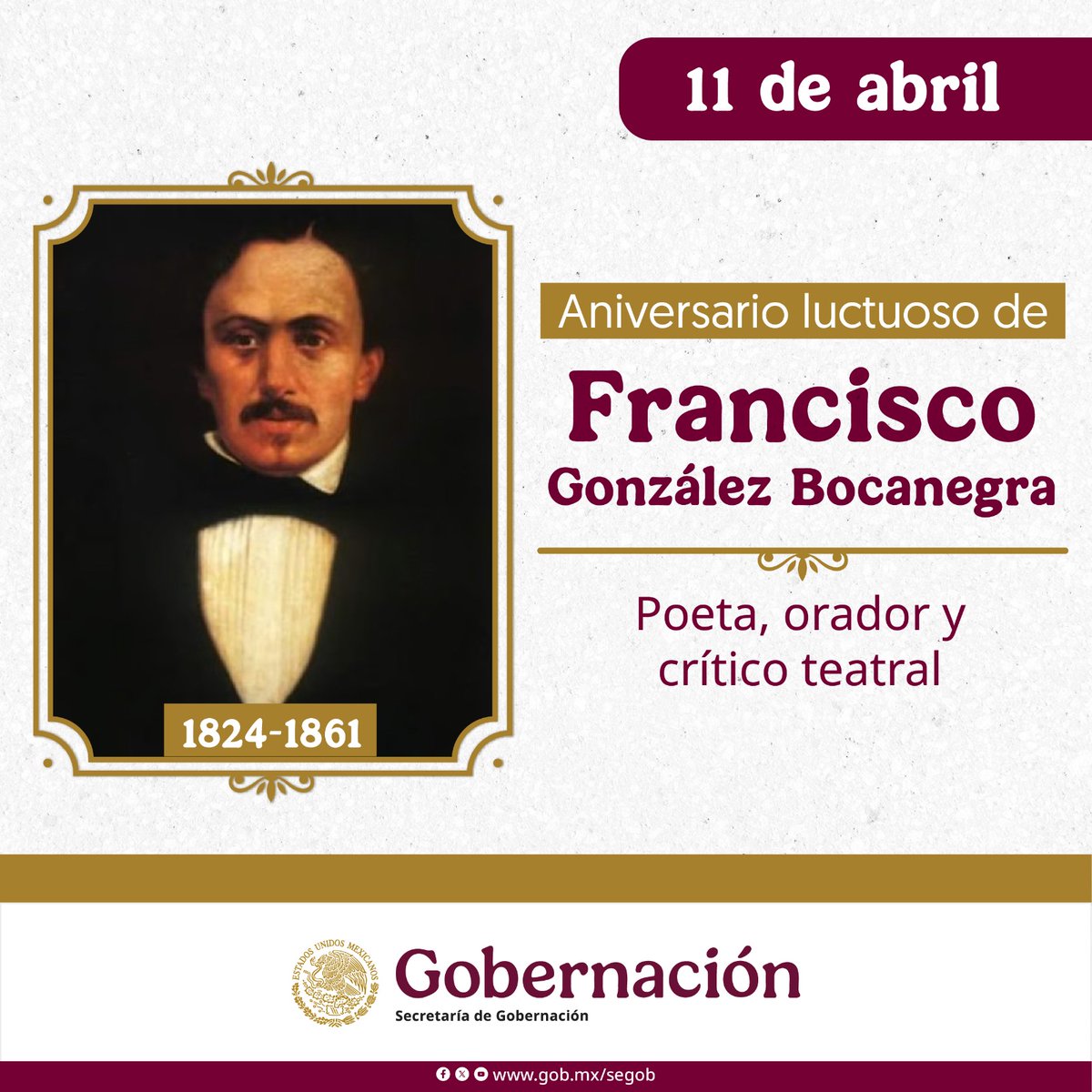 EFEMERIDESMX's tweet photo. El 11 de abril de 1861 murió Francisco González Bocanegra, poeta, orador y crítico teatral potosino.
Autor de la letra del Himno Nacional Mexicano.
Sus restos descansan en la Rotonda de las Personas Ilustres. https://t.co/3xbo2vQY4f