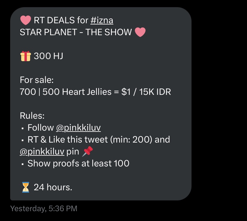 [25/04/11] RT DEAL for #IZNA 

🗳️ THE SHOW 

🎁 300 ❤️

Rules: 
- Follow <a href="/pinkkiluv/">Luvi 🎀 | Sell Kpop Votes</a> 
- Rt &amp; like this twt and 📌 (min. 200)
- Drop proofs (min. 100)

⏳ 24 hours

#izna #이즈나 #イズナ <a href="/izna_offcl/">izna</a> <a href="/izna_offcl_jp/">izna JP</a>