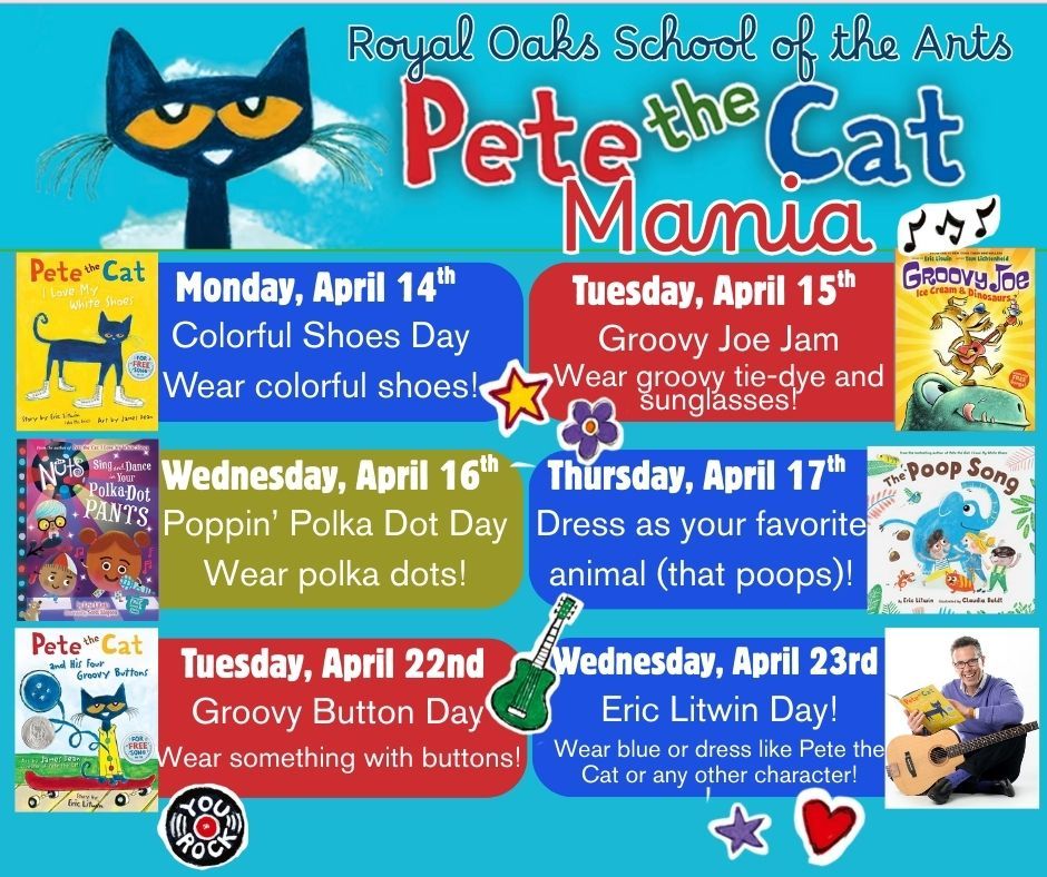 Ashley Eller (@rosamrseller) on Twitter photo ๐ BIG news, Rockets! Eric Litwin, author of Pete the Cat, is visiting Royal Oaks on April 23rd! ๐ธ To celebrate, weโre having Pete the Cat Mania with themed dress-up days all week long! ๐๐๐๐๐งต Donโt miss the fun! #PeteTheCat <a href="/ROSArockets/">Royal Oaks School of the Arts</a> ๐ BIG news, Rockets! Eric Litwin, author of Pete the Cat, is visiting Royal Oaks on April 23rd! ๐ธ To celebrate, weโre having Pete the Cat Mania with themed dress-up days all week long! ๐๐๐๐๐งต Donโt miss the fun! #PeteTheCat <a href="/ROSArockets/">Royal Oaks School of the Arts</a>