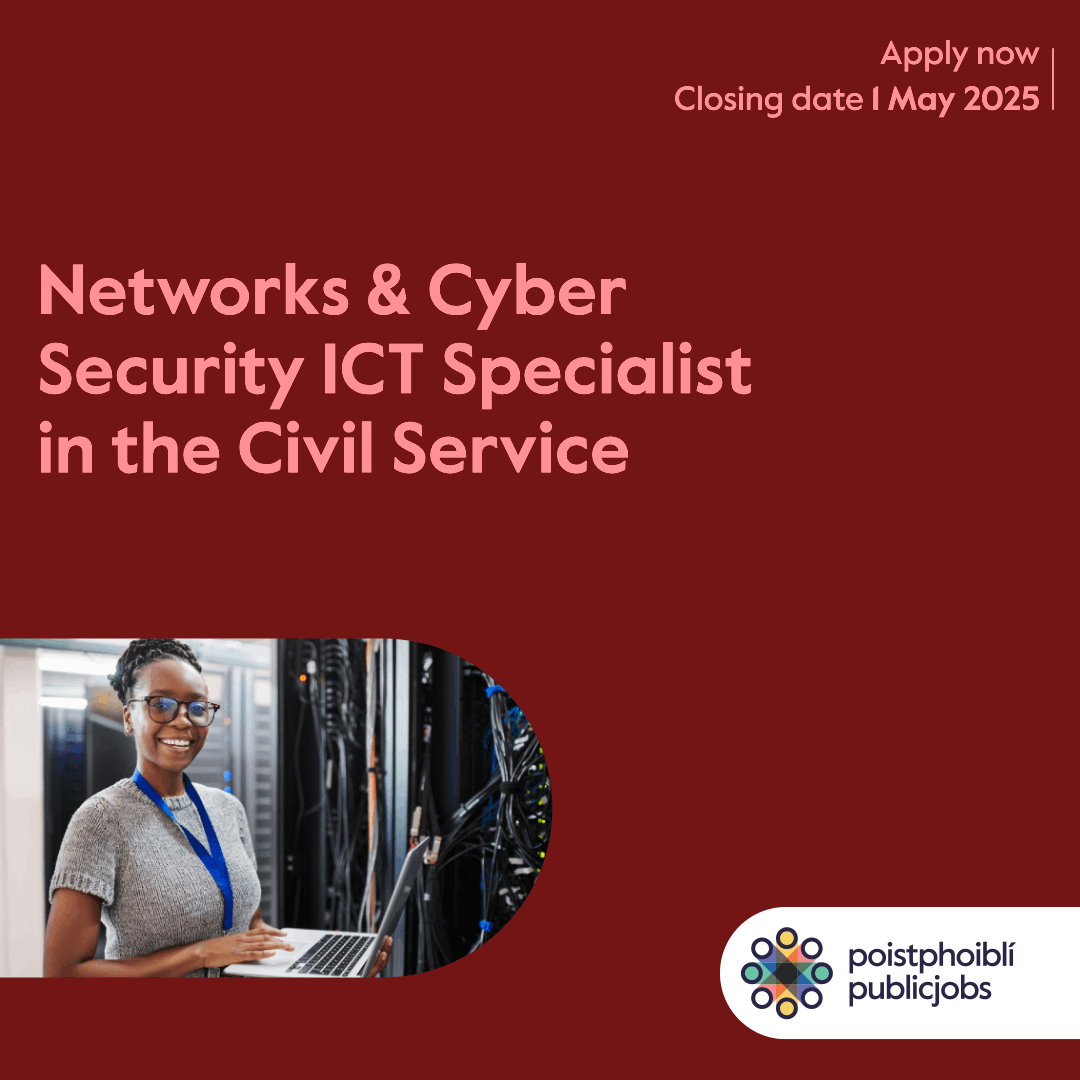 Publicjobsie's tweet photo. 🌟Now Open!🌟
Do you want to be part of Ireland's digital future?
The Irish Civil Service are now recruiting for Networks & Cyber Security ICT Specialists at Executive Officer Level!
Apply Today! 👉 https://t.co/MBIQ9Vj3r8
#CareersThatMatter
#TheresAPublicJobForThat https://t.co/6Va8jKILb8