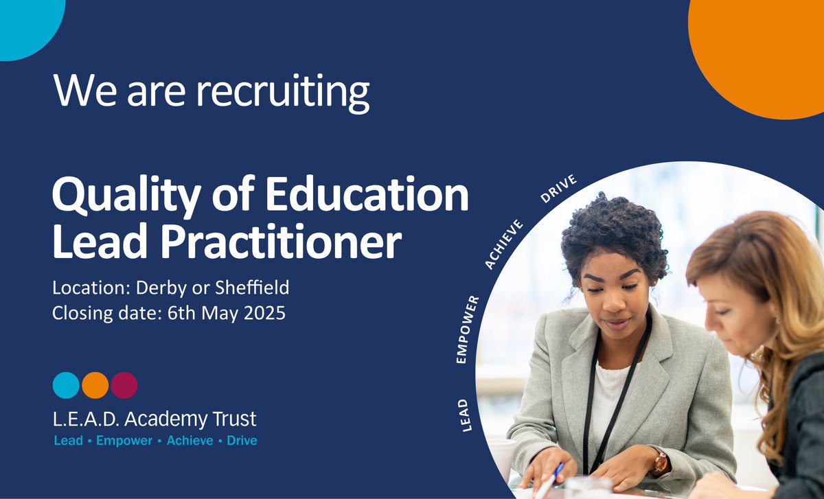 A fantastic opportunity is available for an experienced leader to take on the role of Quality of Education Lead Practitioner, working across our secondary academies in Derby and Sheffield. 

Interested? Apply now to be part of this exciting role.

leadacademytrust.co.uk/vacancies/qual…