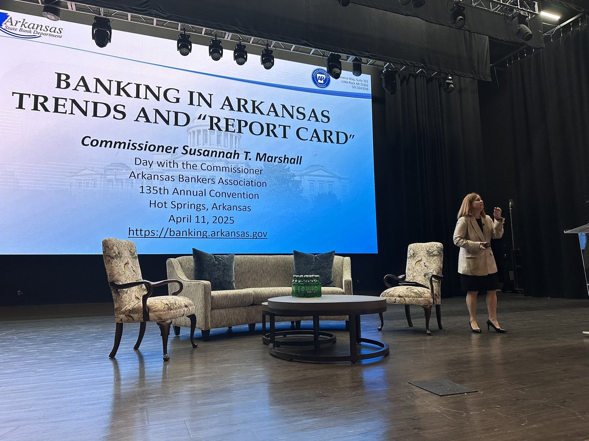 This morning at #ABAConvention2025, Susannah Marshall, Commissioner of the Arkansas State Bank Department, delivered her annual Report Card on Arkansas’ banking industry—highlighting key trends/hot topics and challenges shaping 2025. We appreciate her insights and expertise!