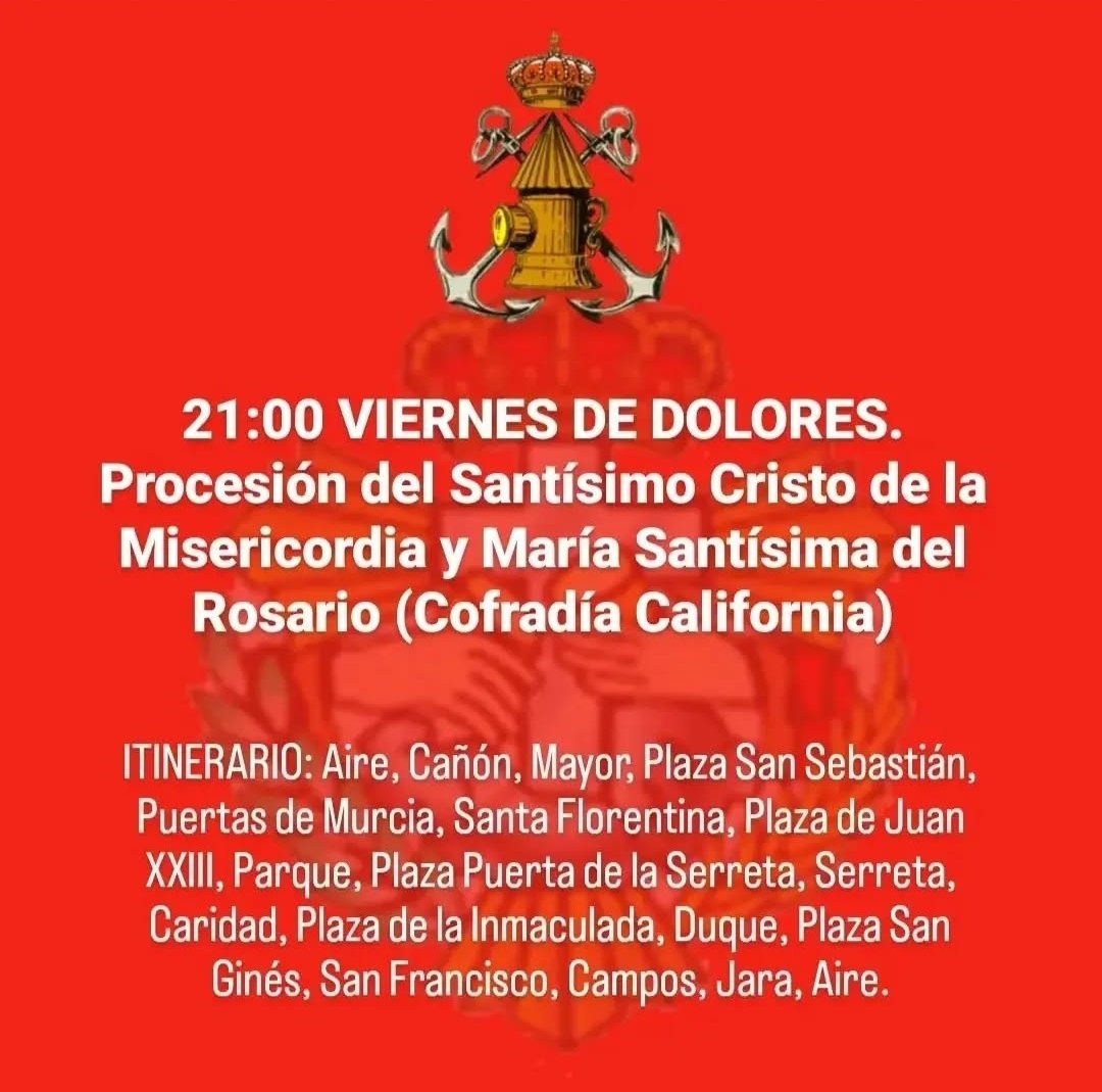 ORDEN Y COMPOSICIÓN DE LA PROCESIÓN:
1, Guiones
2. Representación de Cofradía (Tercio 

#ViernesDeDolores #Californios #CofradiaCalifornia #SemanaSanta #SemanaSantaCT #SemanaSantaCartagena #SemanaSanta2025 #SemanaSantaCartagena2025 #CartagenaDeLevante e 

Cartagena