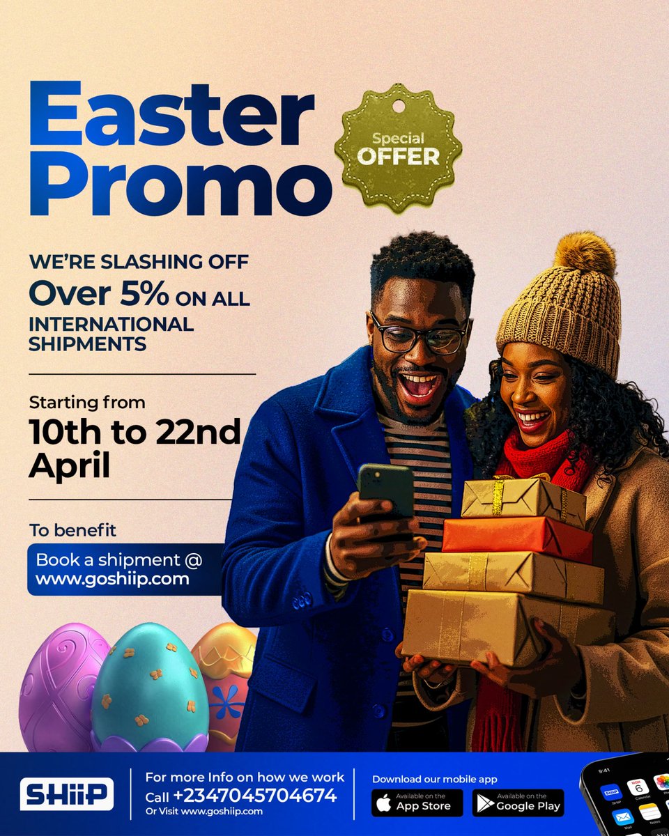 We're starting Easter early this year 😁.

Our Easter Promo is Live on our website 🚀🚀

All you need to do is book an international shipment and you'll automatically get 5% off your order. 

Just heard to our website today to book your international shipping order.