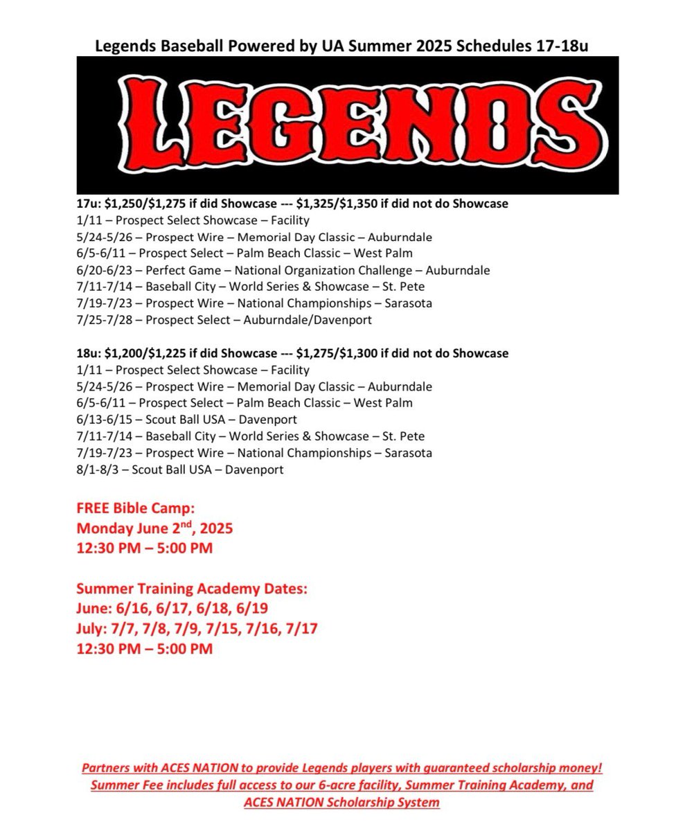 Tryouts and summer schedules/ fees for 14s thru 18s 

Summer Training Academy/camps dates also included in fees 

(9s thru 13s) schedules fees in separate post