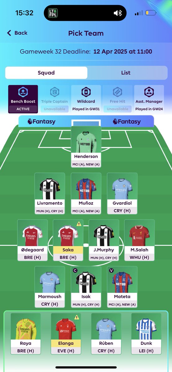 FPLInvincible14's tweet image. Would you still bench boost this with the flags and rotation concerns 😅