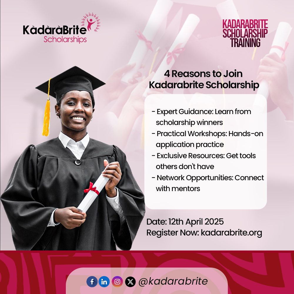 kadarabrite's tweet photo. Only few hours left until the ultimate scholarship preparation event! 

Find out why hundreds of successful scholars credit our training for their wins.

Limited spots available - https://t.co/mx2Kjf1zSo

#KadarabriteTraining #ScholarshipSuccess #RegisterNow https://t.co/wxbuYZEQ8l