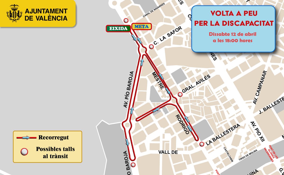 👟Demà, de⏰ 18 a 19h, tindrà lloc la VI Volta a Peu per la #Discapacitat

🚧Prohibit estacionar des de hui a les 22h fins demà a les 20:30h al tram de📍l'avinguda de Mestre Rodrigo, entre les rotondes del Camp de Túria i de la Safor

⚠️Talls al <a href="/TransitValencia/">Trànsit València</a> demà de⏰15 a 21h