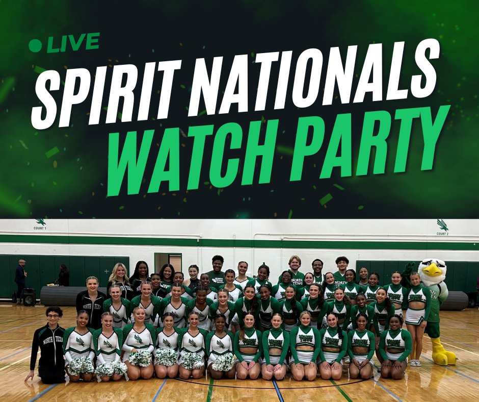 Congratulations to Cheer &amp; Dance Pom! Come cheer them on in the Syndicate as they compete in Finals today.  

🩰 Dance (Pom) – 2:03 PM CST 
📣 Cheer – 4:20 PM CST 

#UNT #GMG #UNTCheer #UNTDance #UNTPom #SpiritNationals #NCANationals
