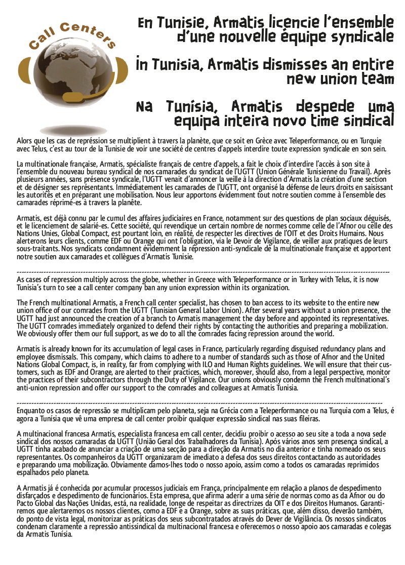 sudcallcenter's tweet photo. Soutien à nos camarades Tunisiens d'#Armatis
Organisations signataires :
SYNTIC - CGT Telemarketing - SUD PTT - Solidaires - CGT FSE - BPO Industry Employees Network - STCC- Union Marocaine du Travail - SINTRACCMO- Labor Dignity https://t.co/YWIOKVaCYH