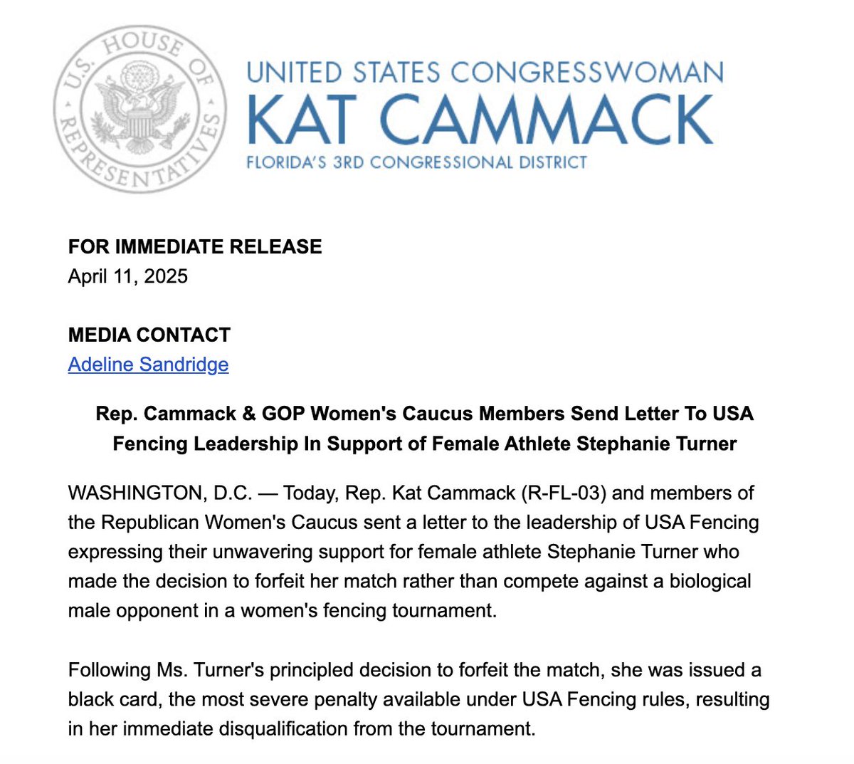 Independent Women's Voice (@iwv) on Twitter photo 🤺 <a href="/RepKatCammack/">Rep. Cammack Press Office</a> and <a href="/GOPWomensCaucus/">Republican Women's Caucus</a> are standing up for female athlete Stephanie Turner and calling out <a href="/USAFencing/">USA Fencing</a> for wrongfully retaliating against her after she refused to compete against a man.
This is what it looks like to STAND WITH WOMEN! 🤺 <a href="/RepKatCammack/">Rep. Cammack Press Office</a> and <a href="/GOPWomensCaucus/">Republican Women's Caucus</a> are standing up for female athlete Stephanie Turner and calling out <a href="/USAFencing/">USA Fencing</a> for wrongfully retaliating against her after she refused to compete against a man.
This is what it looks like to STAND WITH WOMEN!