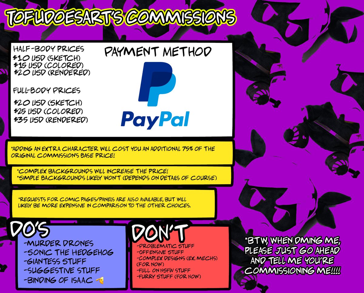 TofuDoesArt's tweet image. Alright, I believe it's time.
Commissions are Opened for now!
I think since this is my first time doing commissions, I'll take 5 slots and then close them