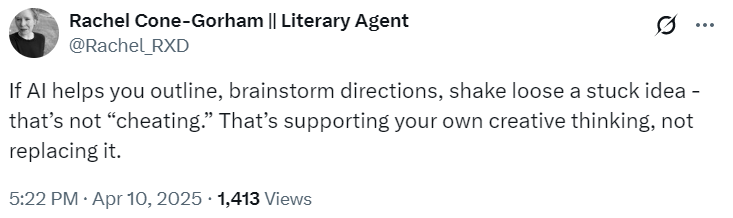 WordsWhimsy's tweet photo. Authors beware. This literary agent is encouraging the use of AI (beyond spellchecking/grammar) for the creative process. #amquerying #publishing @AuthorsGuild https://t.co/RyExbXdwpP
