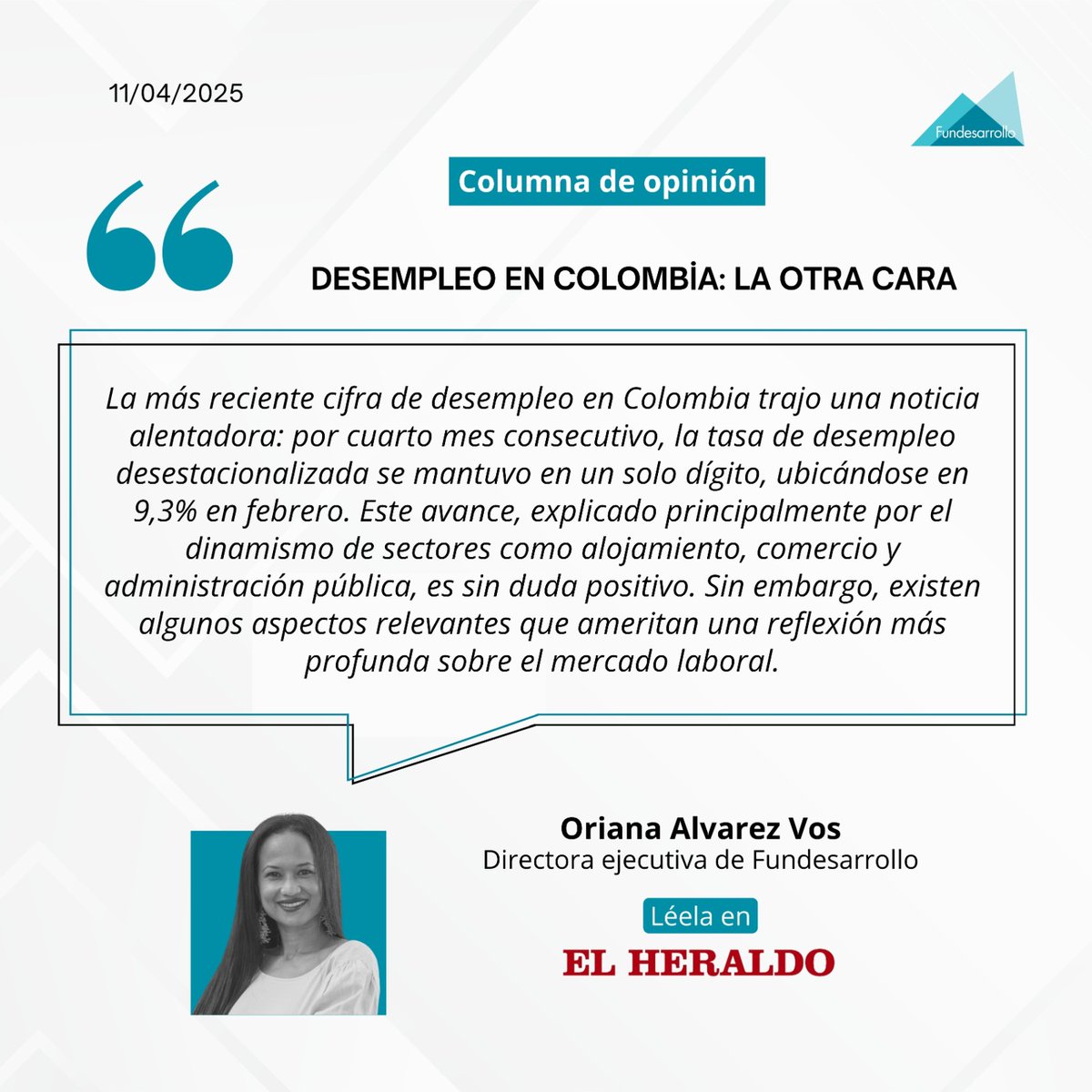 #Opinión | ¿Vamos bien en materia de empleo?

Colombia mantuvo su tasa de desempleo en un solo dígito por cuarto mes consecutivo (9,3% en febrero).

Una buena noticia... pero con matices. Aún persisten retos estructurales que frenan una recuperación más equitativa.