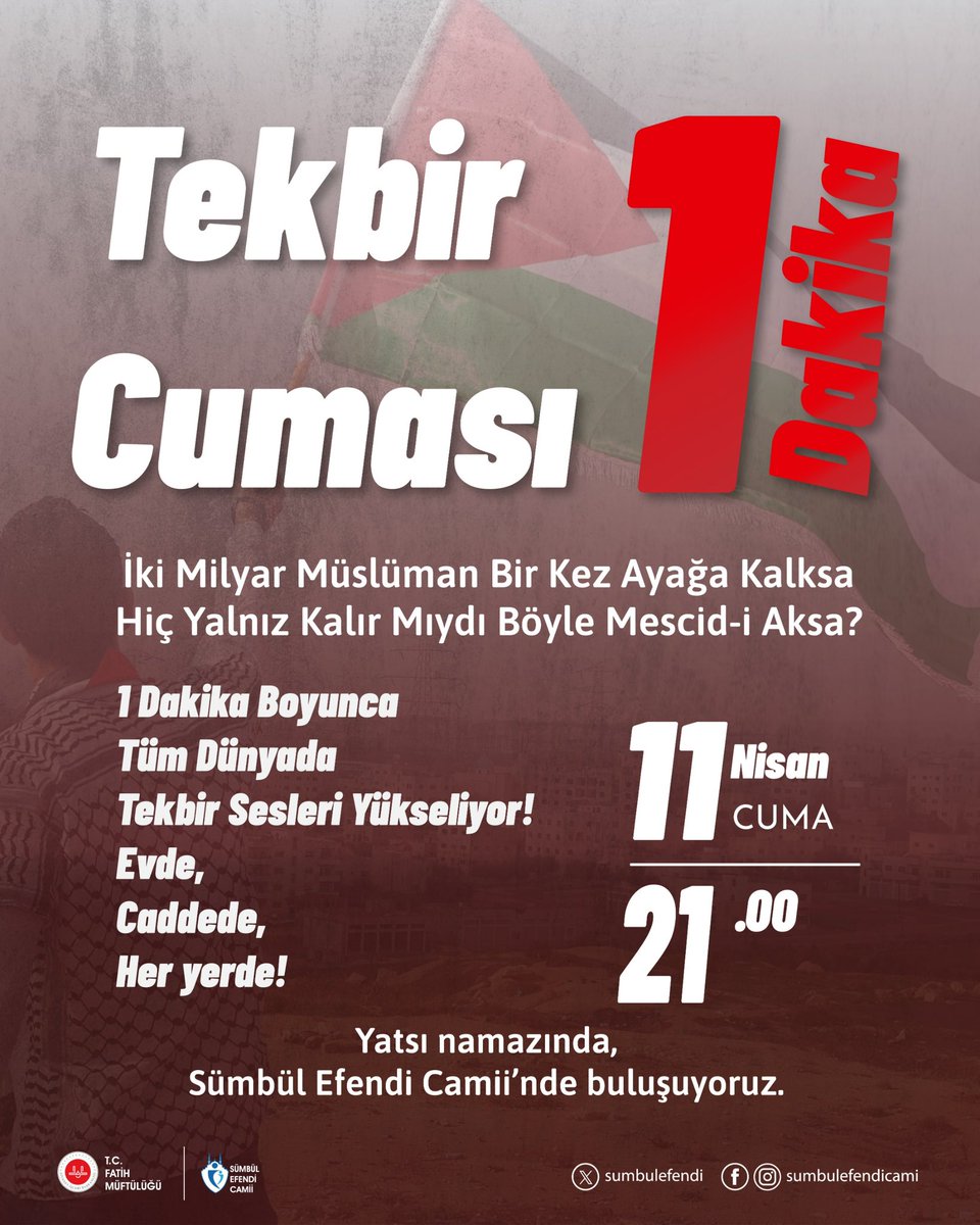 sumbulefendi's tweet photo. İki milyar Müslüman bir kez ayağa kalksa,
Hiç yalnız kalır mıydı Mescid-i Aksa?

“Allahu Ekber!” nidalarıyla Mescid-i Aksa’nın yalnız olmadığını haykıralım.
Dünya duysun, ümmet uyansın
#TekbirCuması https://t.co/FwdAlozd2K