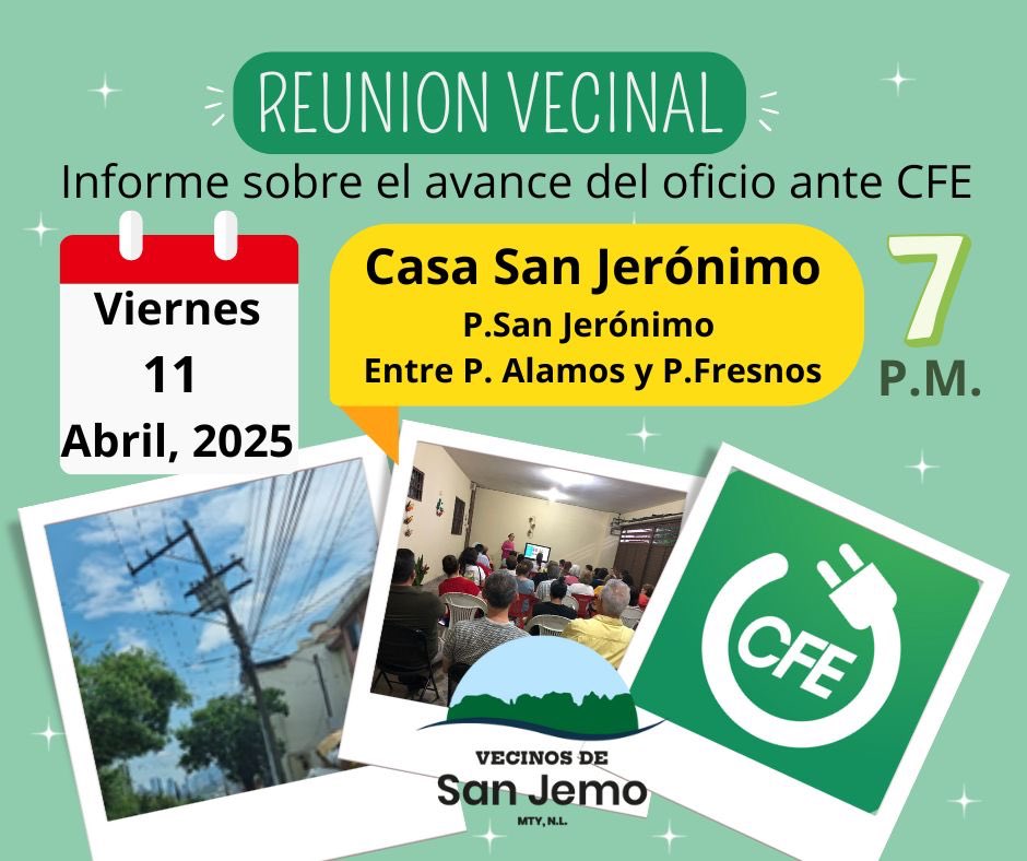 san_jemo's tweet photo. 💡El sector a presentado problemas de apagones, postes caídos e incluso incendio en un domicilio, debido a estas situaciones, presentamos un oficio petitorio con firmas a CFE.
ℹ️En esta reunión, informaré que nos dice CFE y detalles sobre los postes relacionados. ¡Los esperamos! https://t.co/uOMcQsRz06