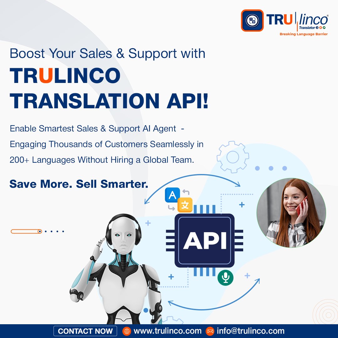 Trulincoapp's tweet photo. 🚀 Expand your reach without expanding your team!
Engage global customers in 200+ languages using the smartest AI-powered Translation API by Trulinco.

Seamless support, smarter sales, zero language barriers.

🌐 Learn more at: https://t.co/KZMYuPvciK

#AI #CustomerSupport https://t.co/5K74B3I2WJ