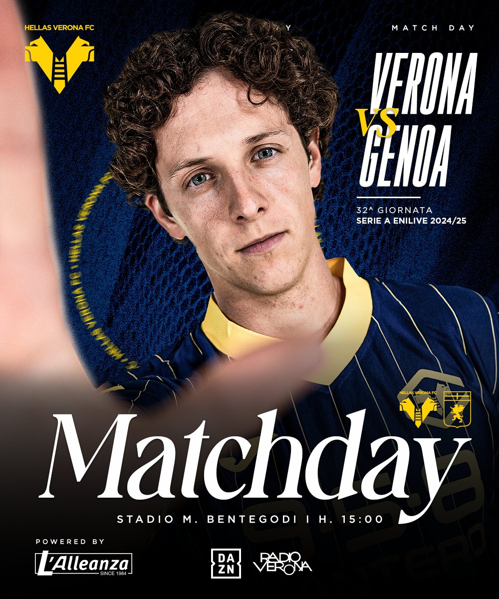 HellasVeronaFC's tweet photo. 𝐌𝐀𝐓𝐂𝐇 𝐃𝐀𝐘 🟡🔵

🆚 #VeronaGenoa 
🕘 Ore 15
🏟️ #Bentegodi 
📱https://t.co/v9o7rrSd82
📺@DAZN_IT 

Powered by #LAlleanza https://t.co/Q4VPBVWLpp