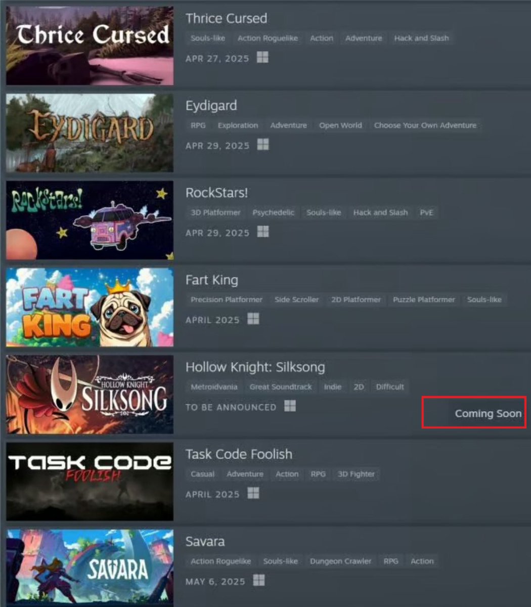 Dexerto's tweet photo. Steam has added a ‘coming soon’ label to Hollow Knight: Silksong https://t.co/LKmrJmiK40